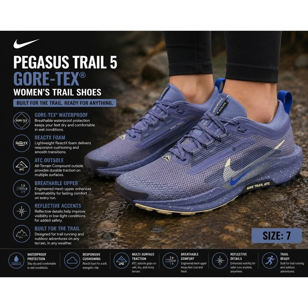 Nike Pegasus Trail 5 GORE-TEX Women's Size 7 Blue Trail Running Shoes FQ0912-402